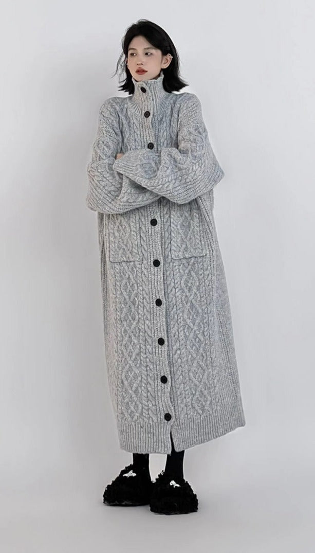 High Neck Braid Pattern Long Knit Oversized Coat