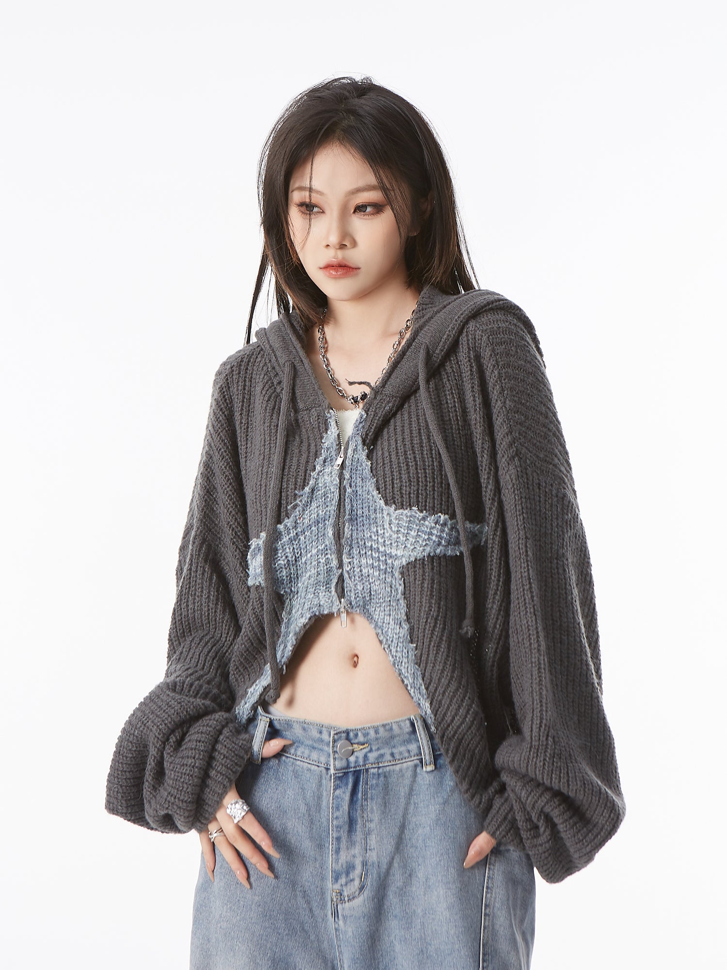 Star Patchwork Cropped Zip Knit Hoodie