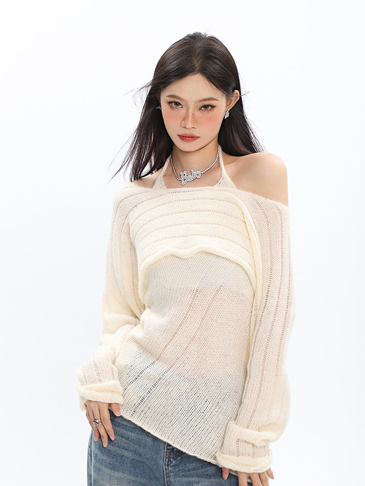 Off Shoulder Layered Knit Halter Top - nightcity clothing