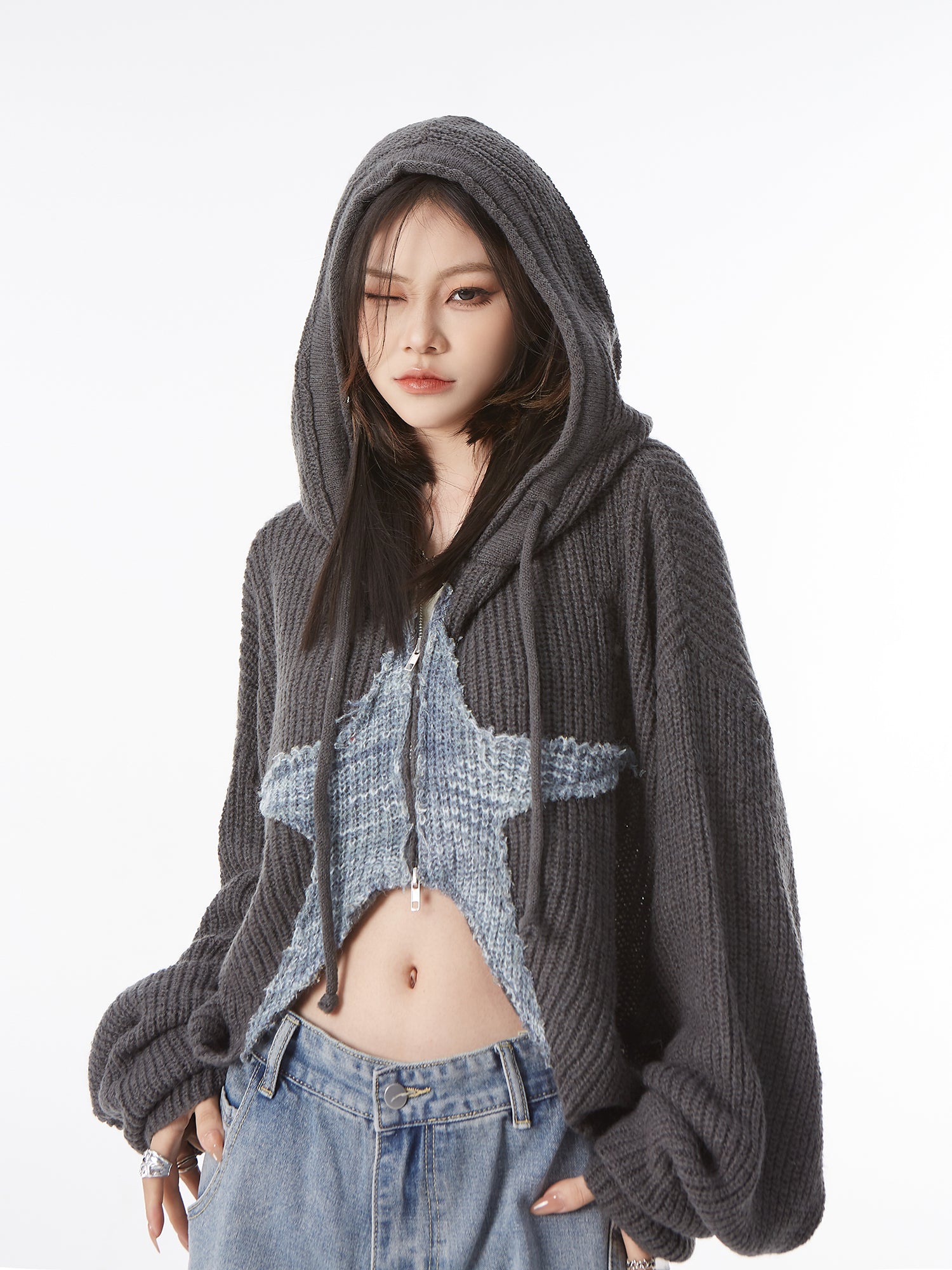 Star Patchwork Cropped Zip Knit Hoodie