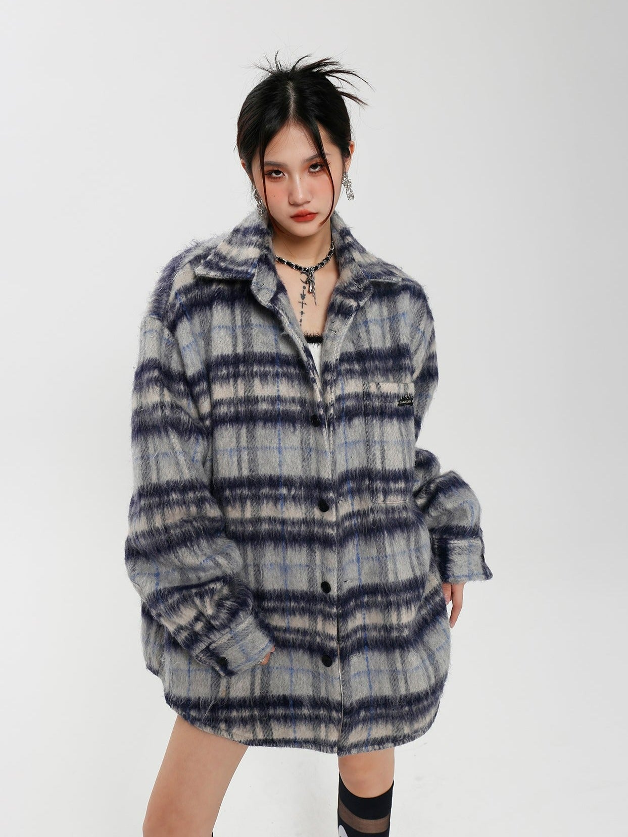 Plaid Fuzzy Oversized Button Shirt