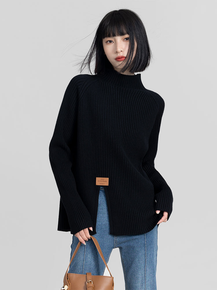 High Collar Split Hem Ribbed Sweater