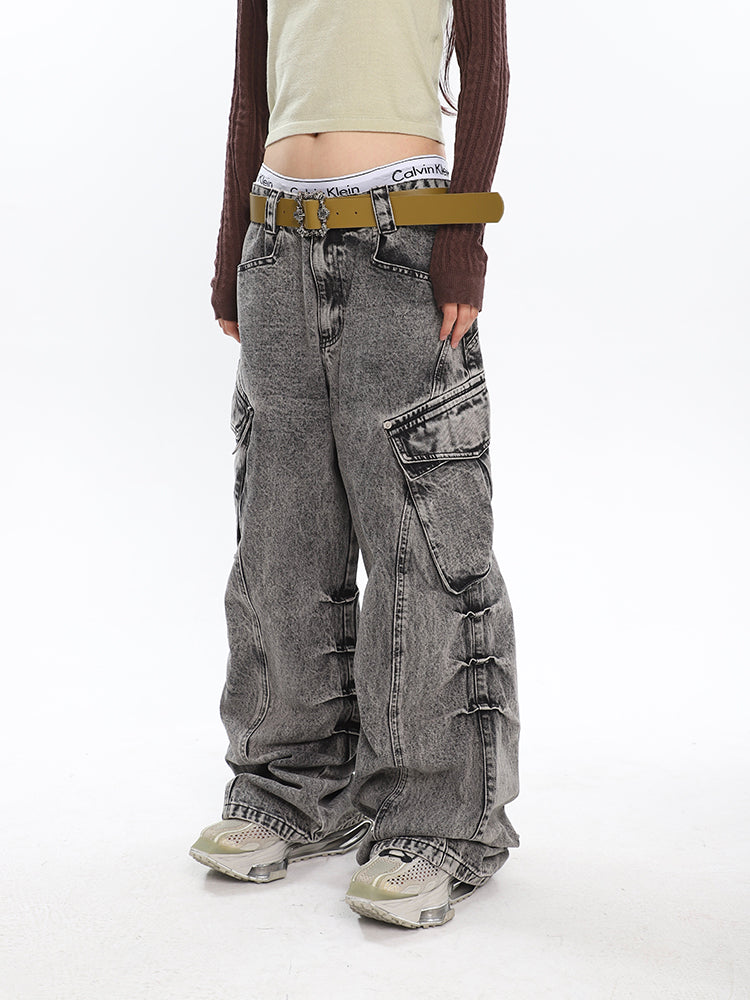 Wide Leg Pocketed Acid Wash Jeans