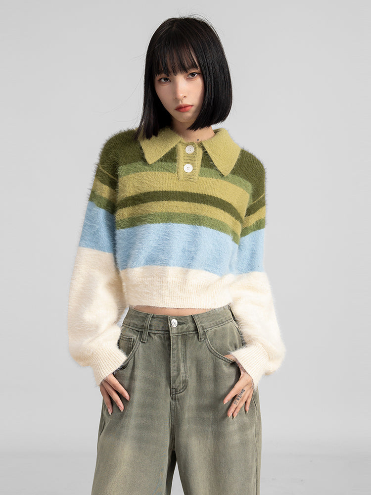 Ribbed Trim Stripe Cropped Fuzzy Sweater