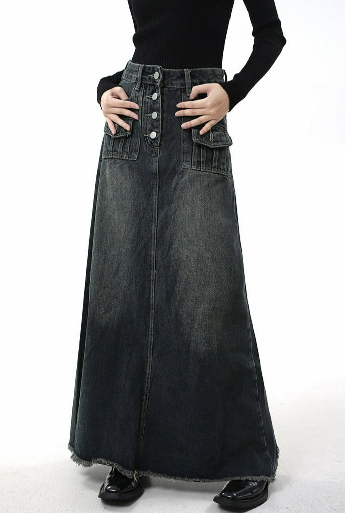 Distressed Hem Faded Maxi Denim Skirt