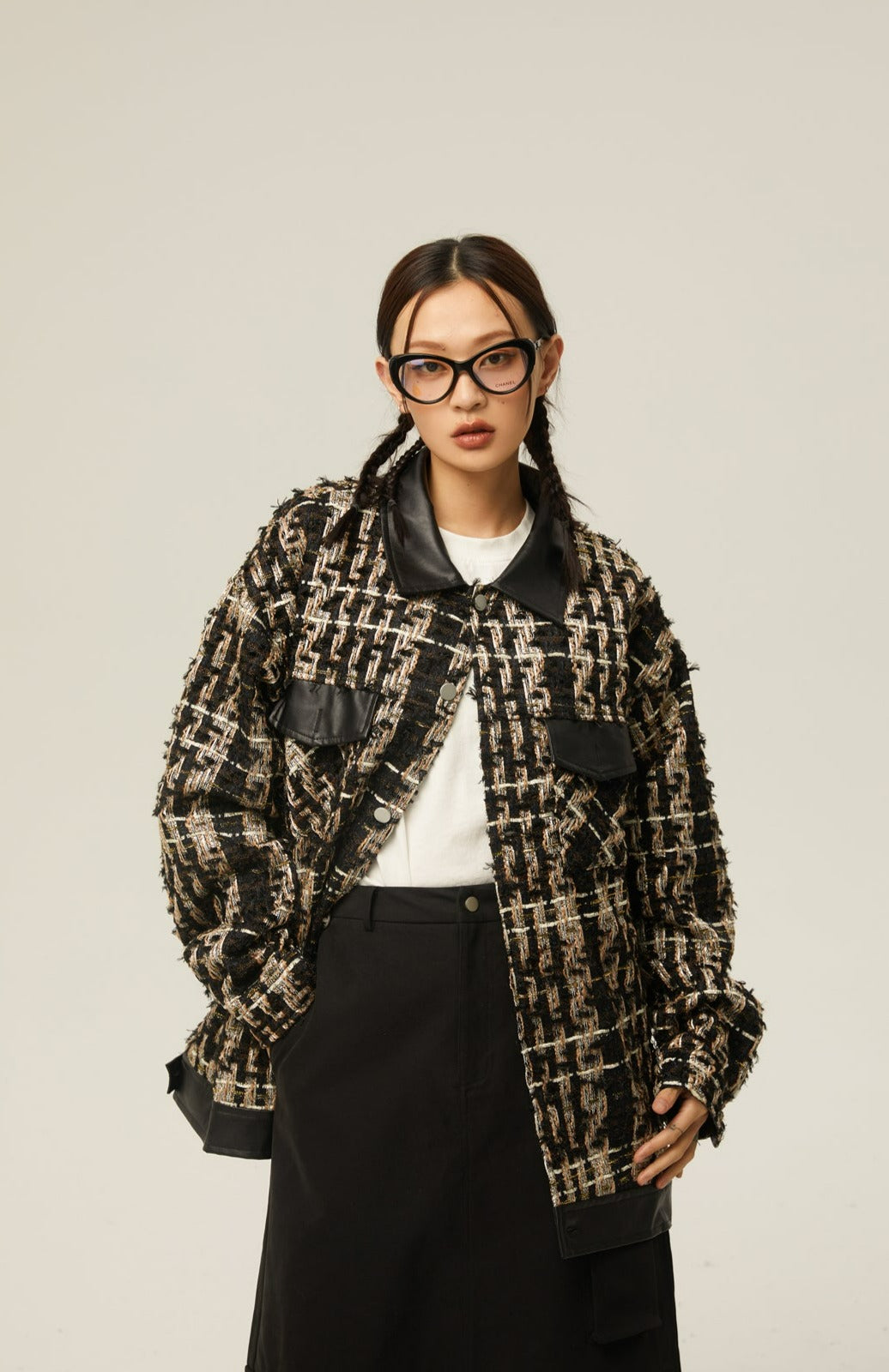 Faux Leather Trim Oversized Tweed Jacket