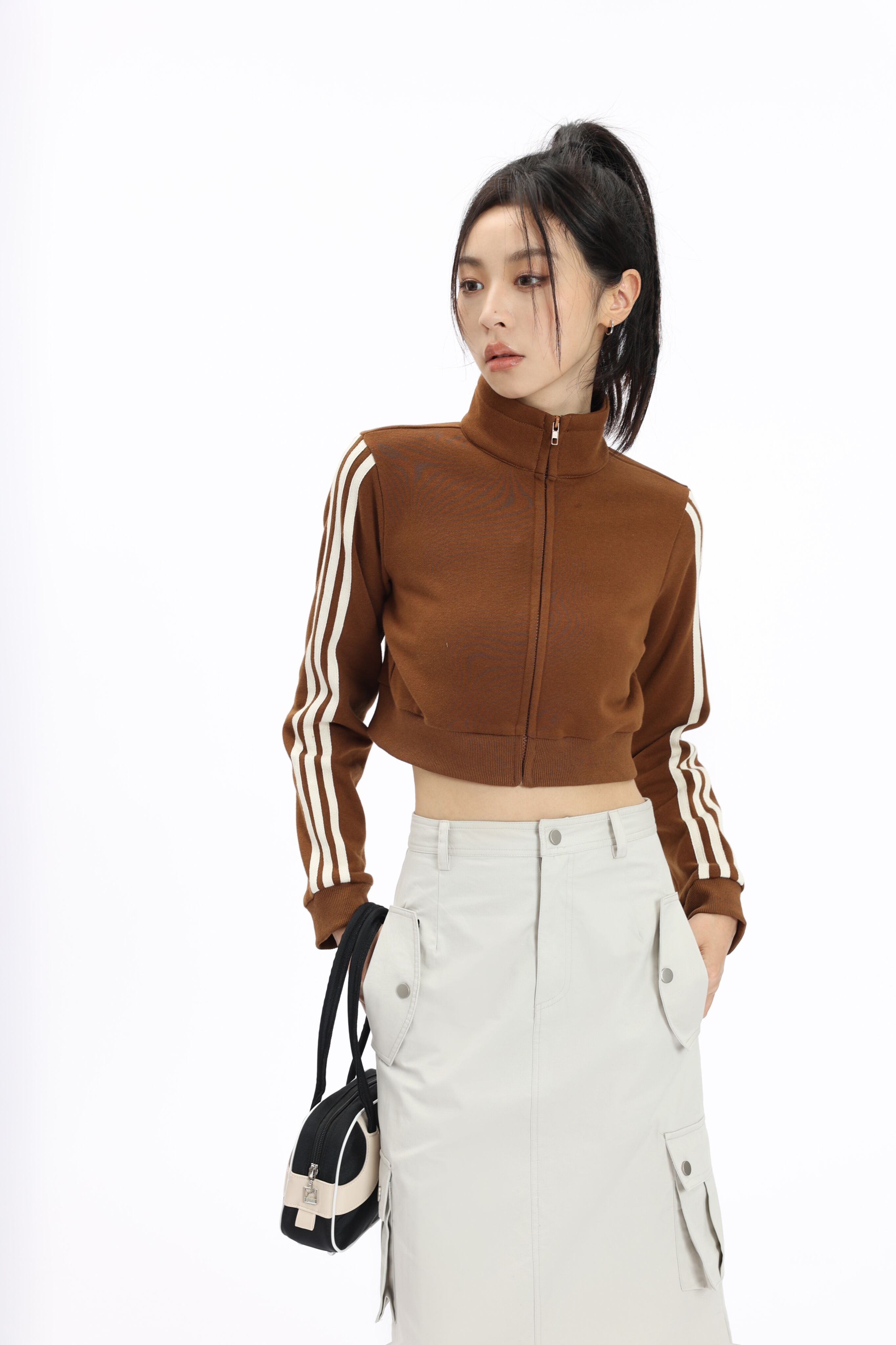 Stripe Sleeve Cropped Bomber Jacket