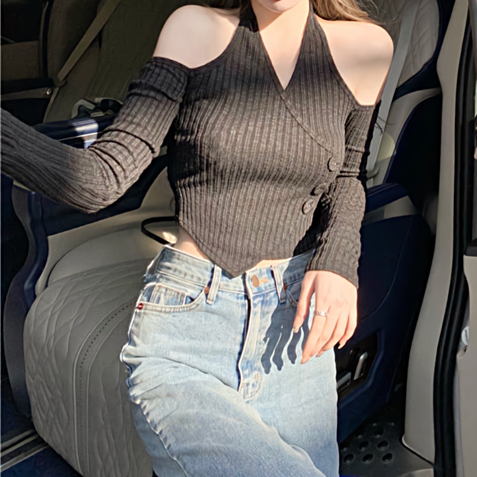 Mock Layer Cold Shoulder Knit Crop Top - nightcity clothing