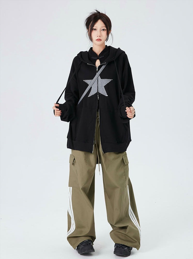 Oversized Double-Zip Star Hoodie - nightcity clothing