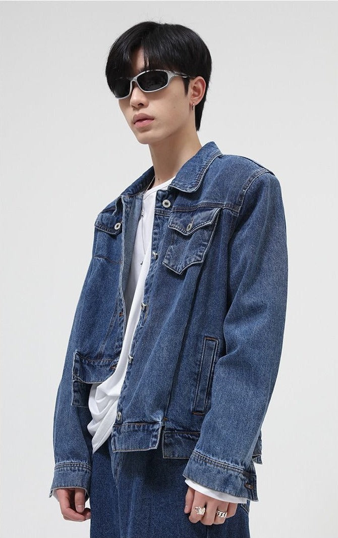 Asymmetric Denim Jacket with Shoulder Pads - nightcity clothing