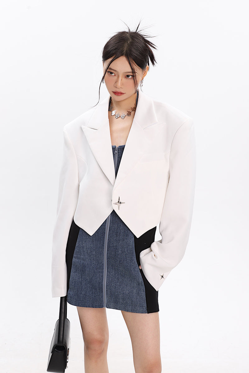 Boxy Cropped Blazer with Star Button - nightcity clothing