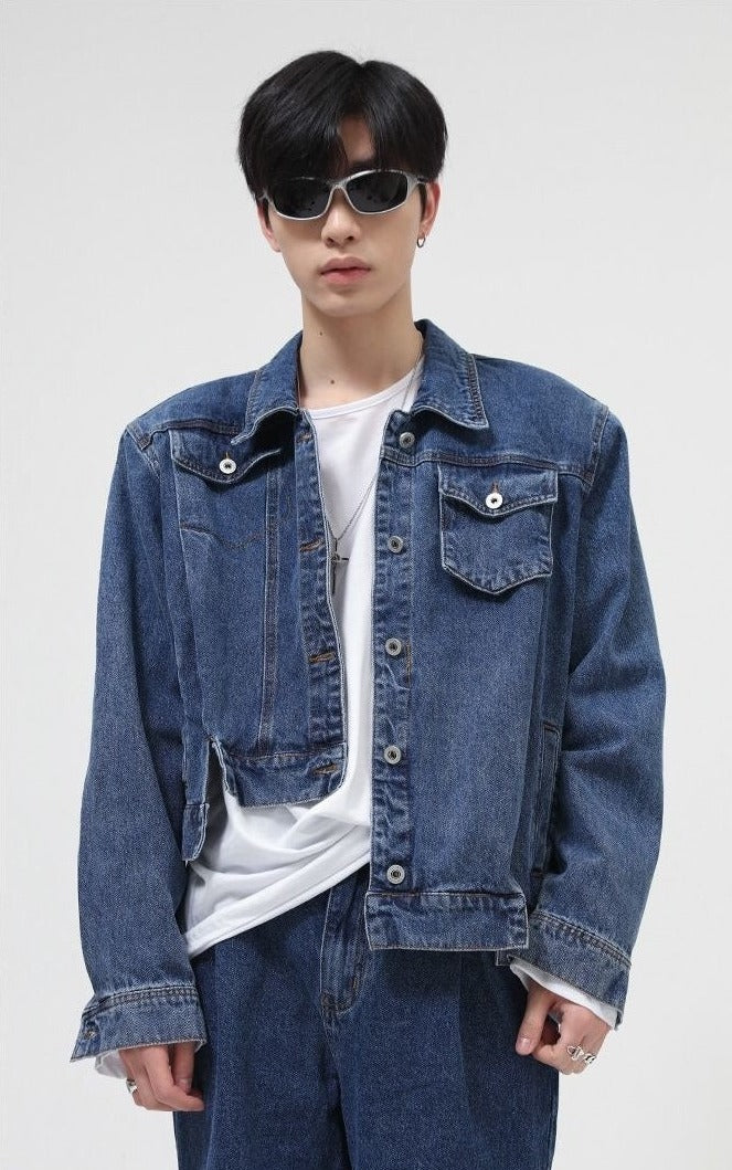 Asymmetric Denim Jacket with Shoulder Pads - nightcity clothing