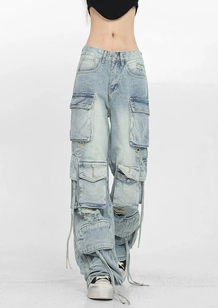 Patchwork Denim Cargo Pants with Strap Details