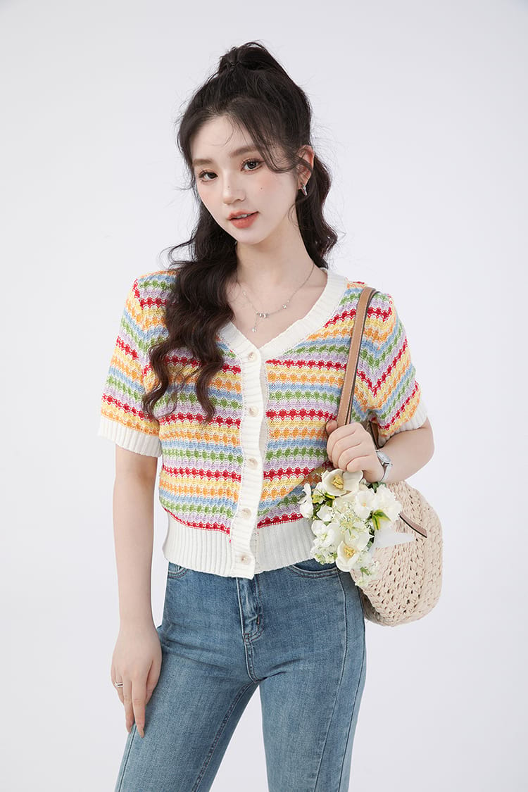 Stripe Cropped Ribbed Hem Cardigan