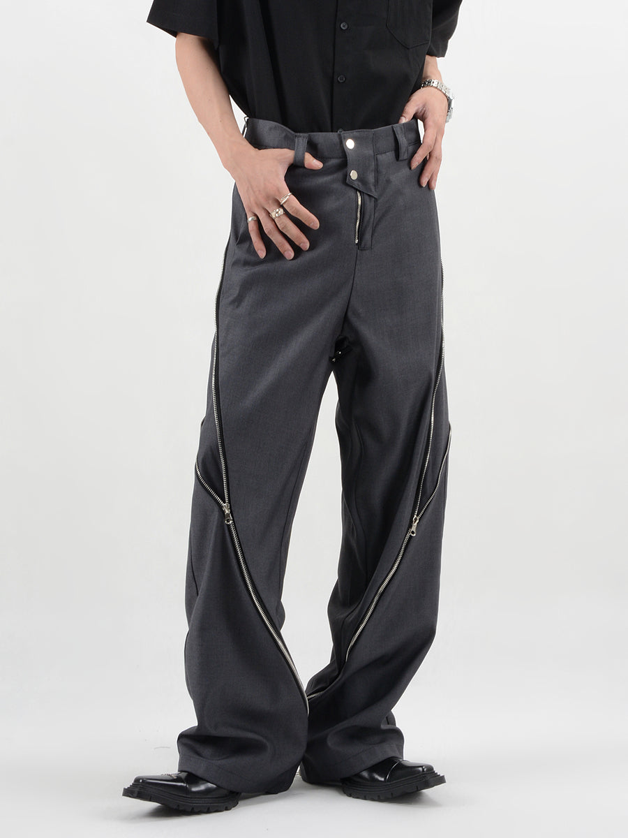 Straight Fit Diagonal Zip Up Pants - nightcity clothing