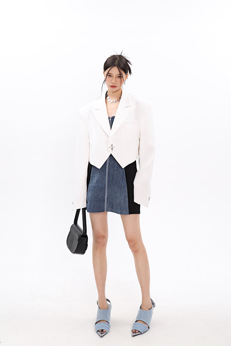 Boxy Cropped Blazer with Star Button - nightcity clothing