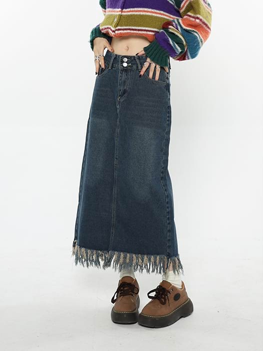 Tassel Hem Denim Midi Skirt