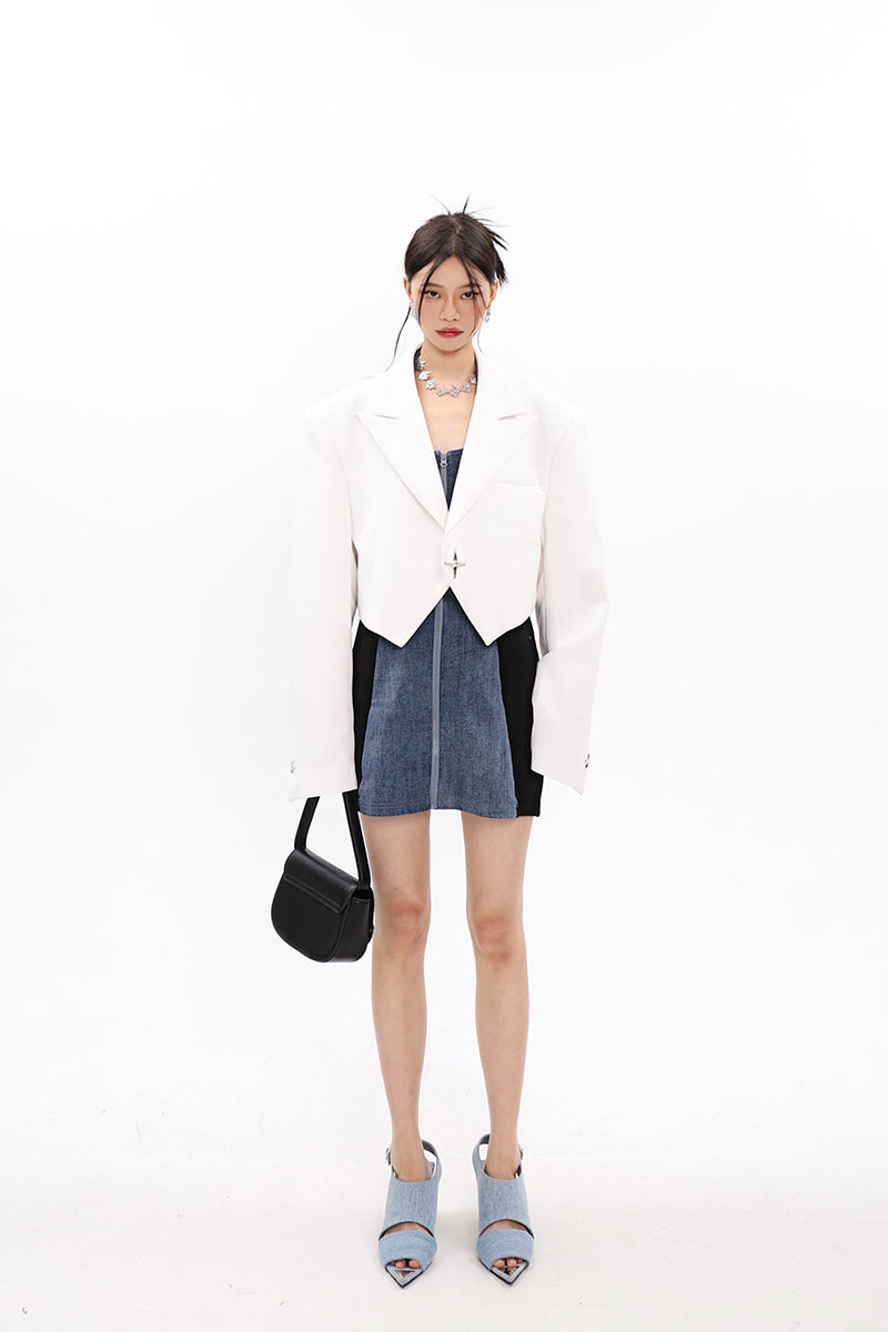 Boxy Cropped Blazer with Star Button - nightcity clothing