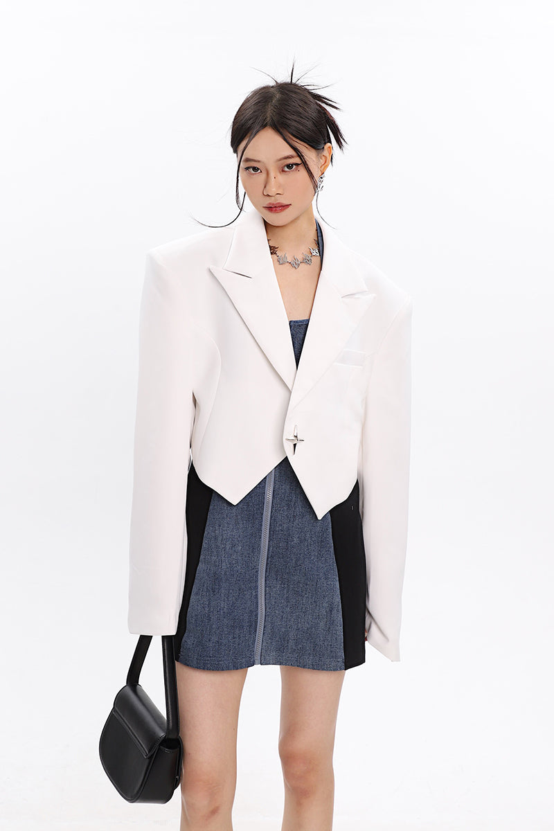 Boxy Cropped Blazer with Star Button - nightcity clothing