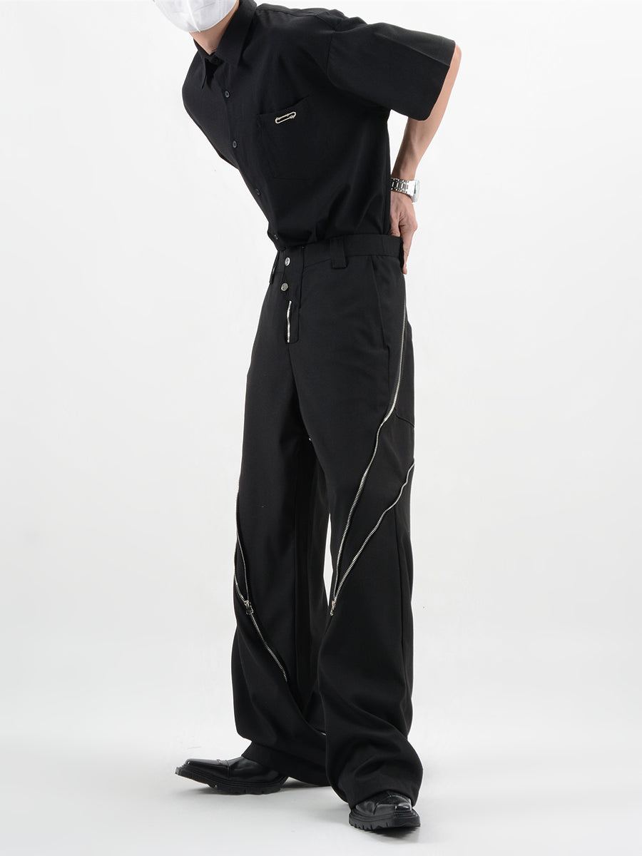 Straight Fit Diagonal Zip Up Pants - nightcity clothing