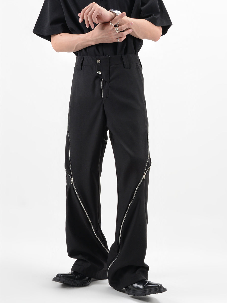 Straight Fit Diagonal Zip Up Pants - nightcity clothing