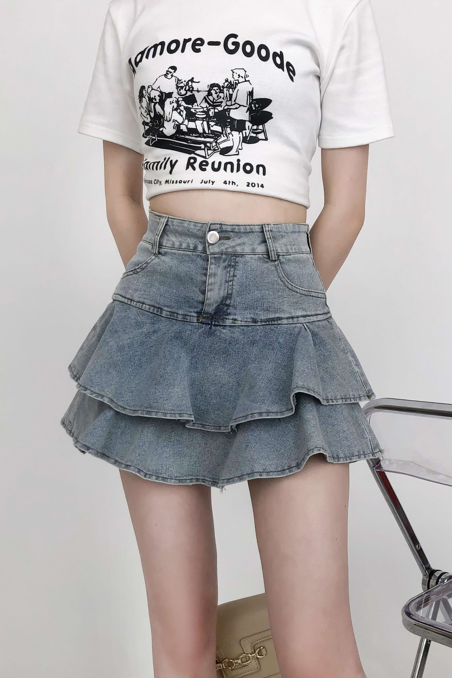 Tiered Pleated Denim Mini Skirt