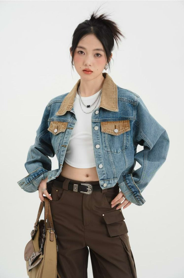 Contrast Collar Cropped Denim Jacket