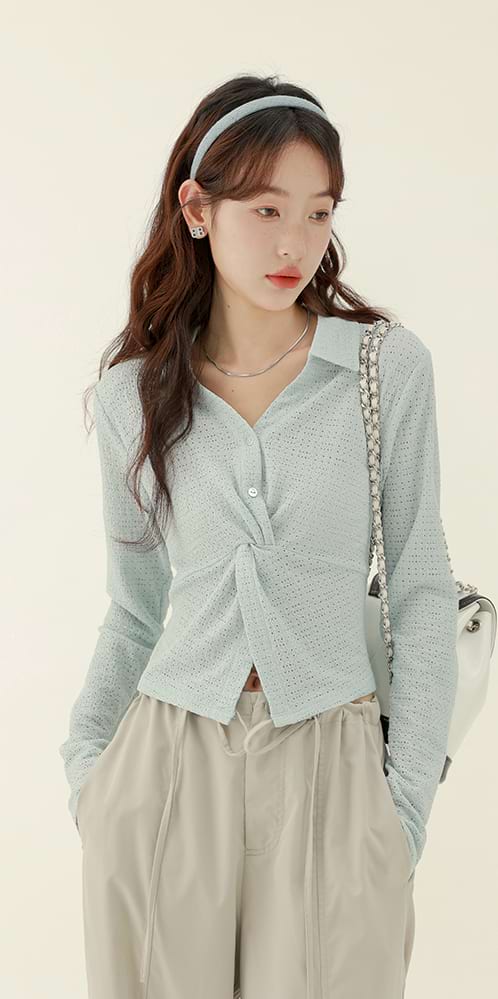 Twisted Knot Eyelet Long Sleeve Top