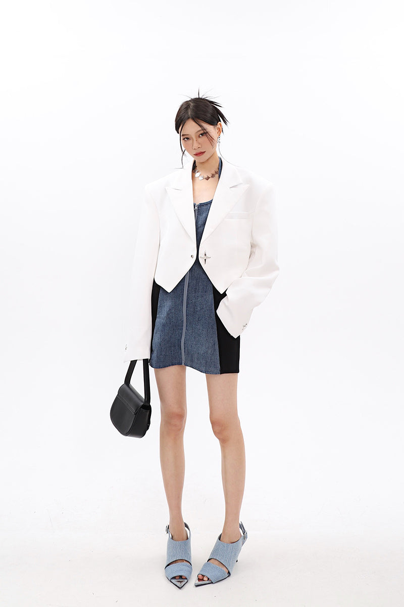 Boxy Cropped Blazer with Star Button - nightcity clothing