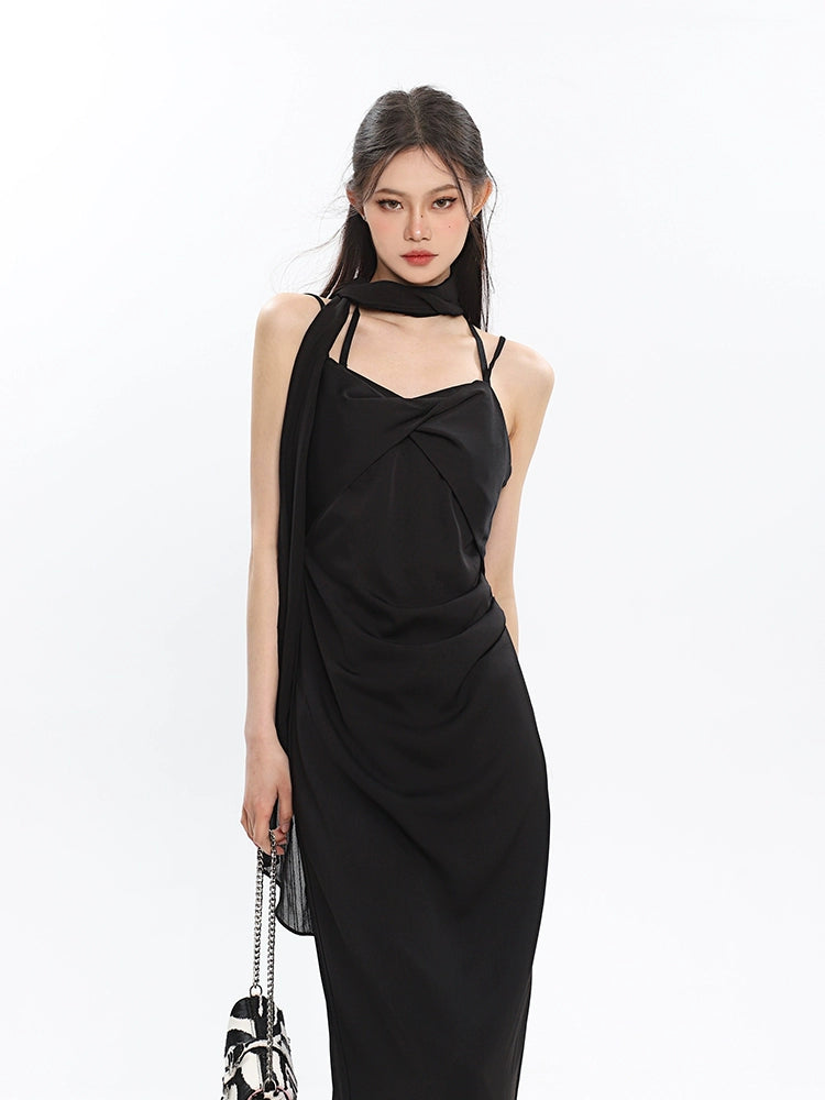 Slim Draped Neckline Sleeveless Maxi Dress