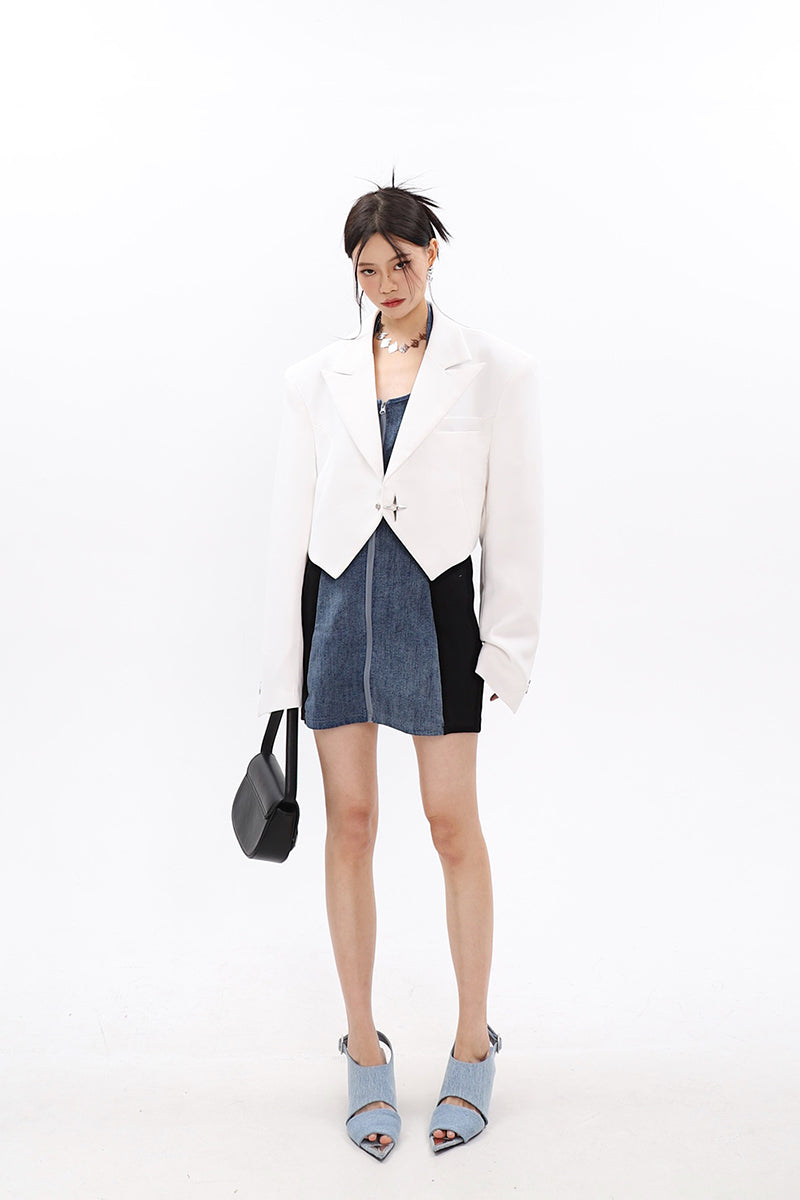 Boxy Cropped Blazer with Star Button - nightcity clothing