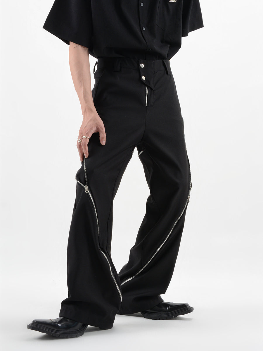 Straight Fit Diagonal Zip Up Pants - nightcity clothing