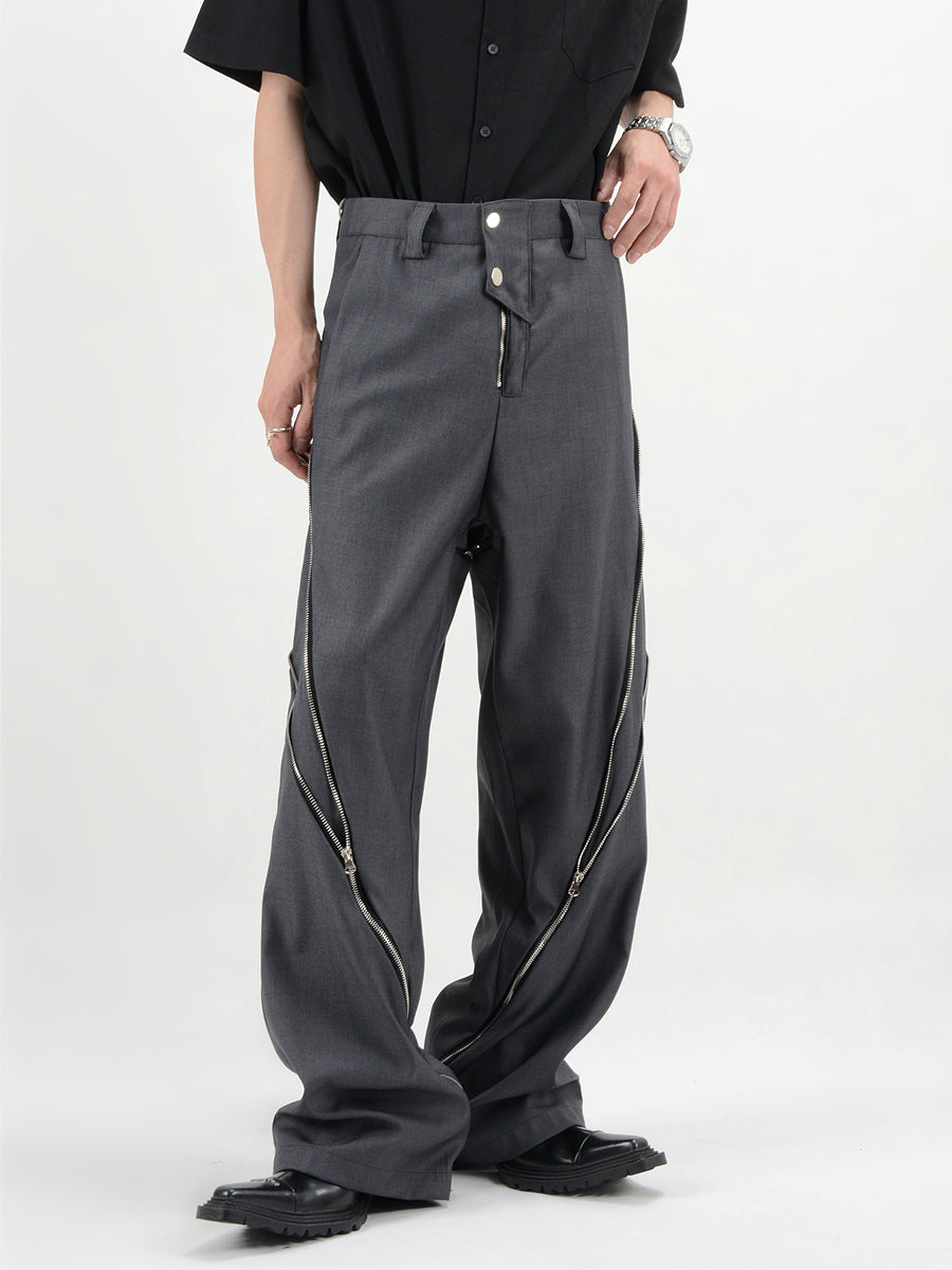 Straight Fit Diagonal Zip Up Pants - nightcity clothing