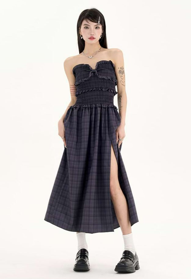 Plaid Ruffle Tube Midi Dress with Slit