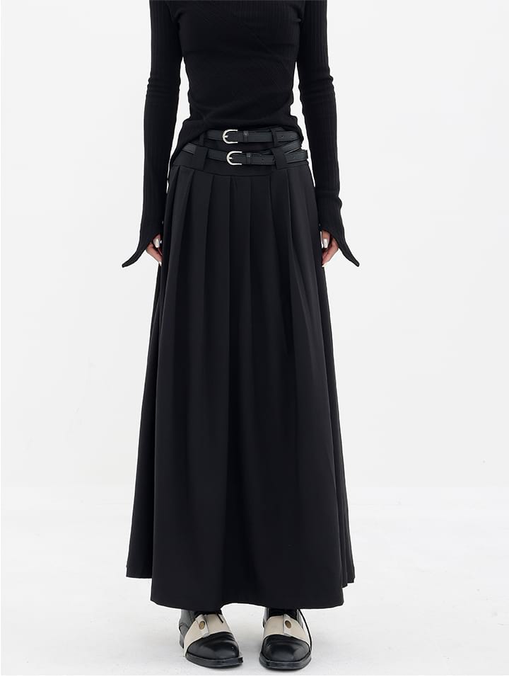 Pleated Double-Belt Midi Skirt - nightcity clothing