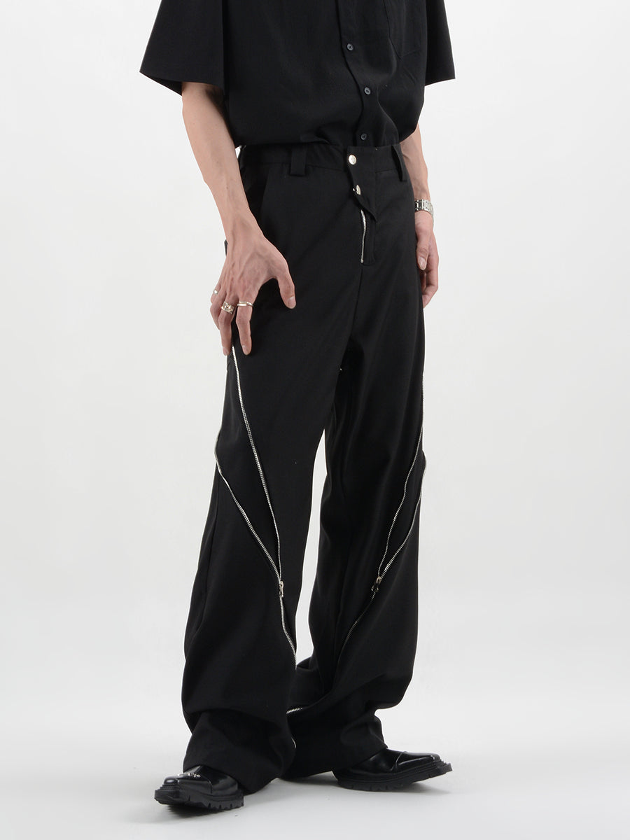 Straight Fit Diagonal Zip Up Pants - nightcity clothing