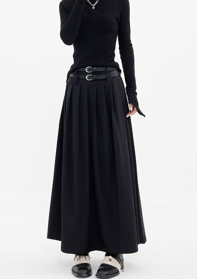 Pleated Double-Belt Midi Skirt - nightcity clothing