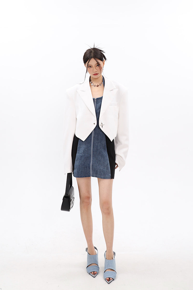 Boxy Cropped Blazer with Star Button - nightcity clothing