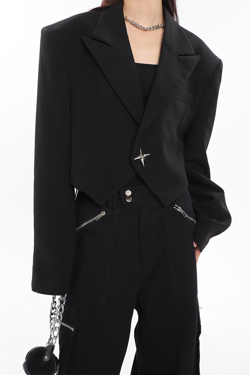 Boxy Cropped Blazer with Star Button - nightcity clothing