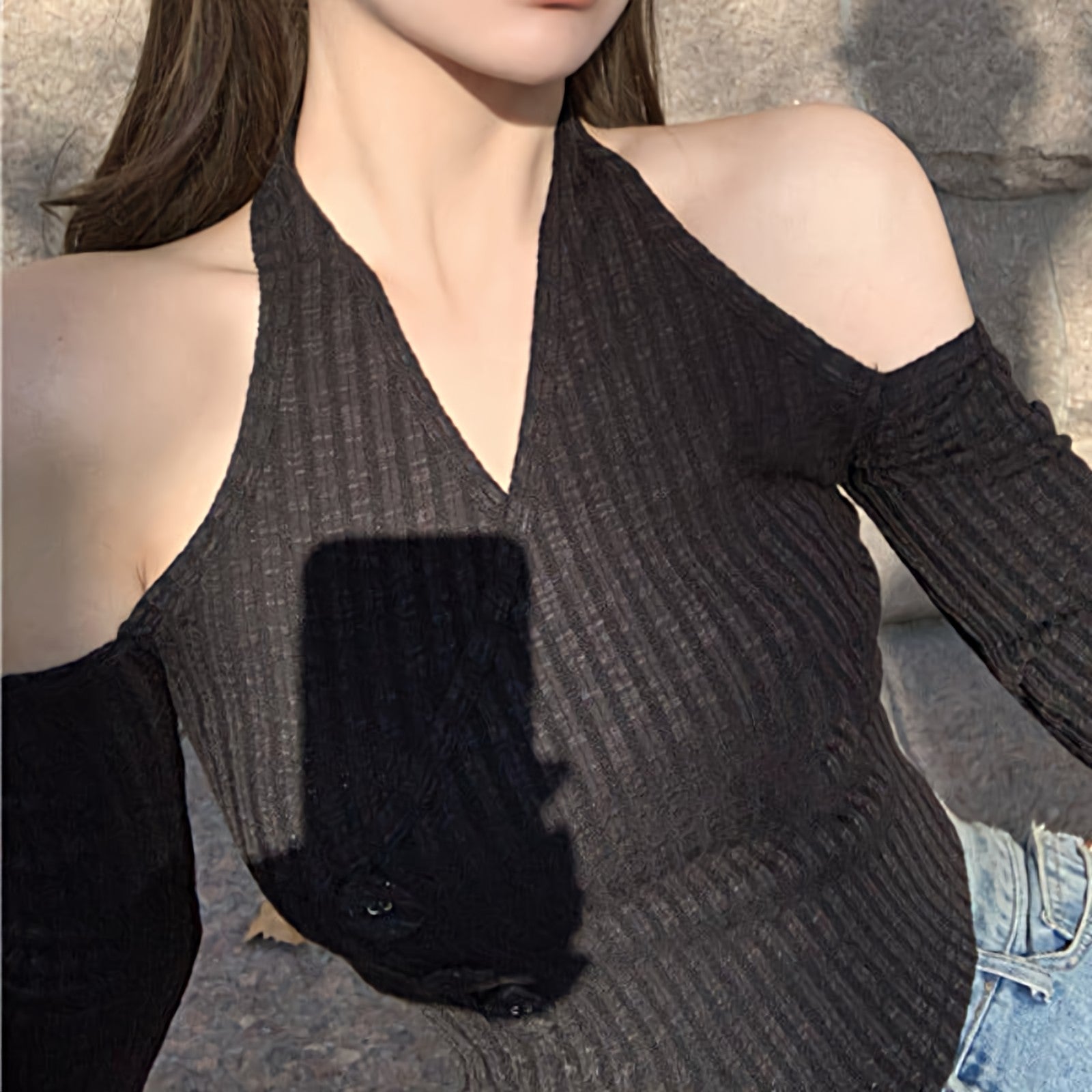 Mock Layer Cold Shoulder Knit Crop Top - nightcity clothing